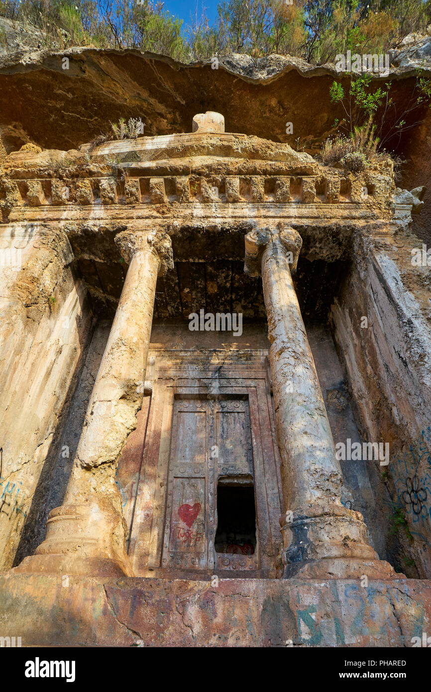 Tomb of Amyntas carved in the rock, Fethiye, Turkey Stock Photo
