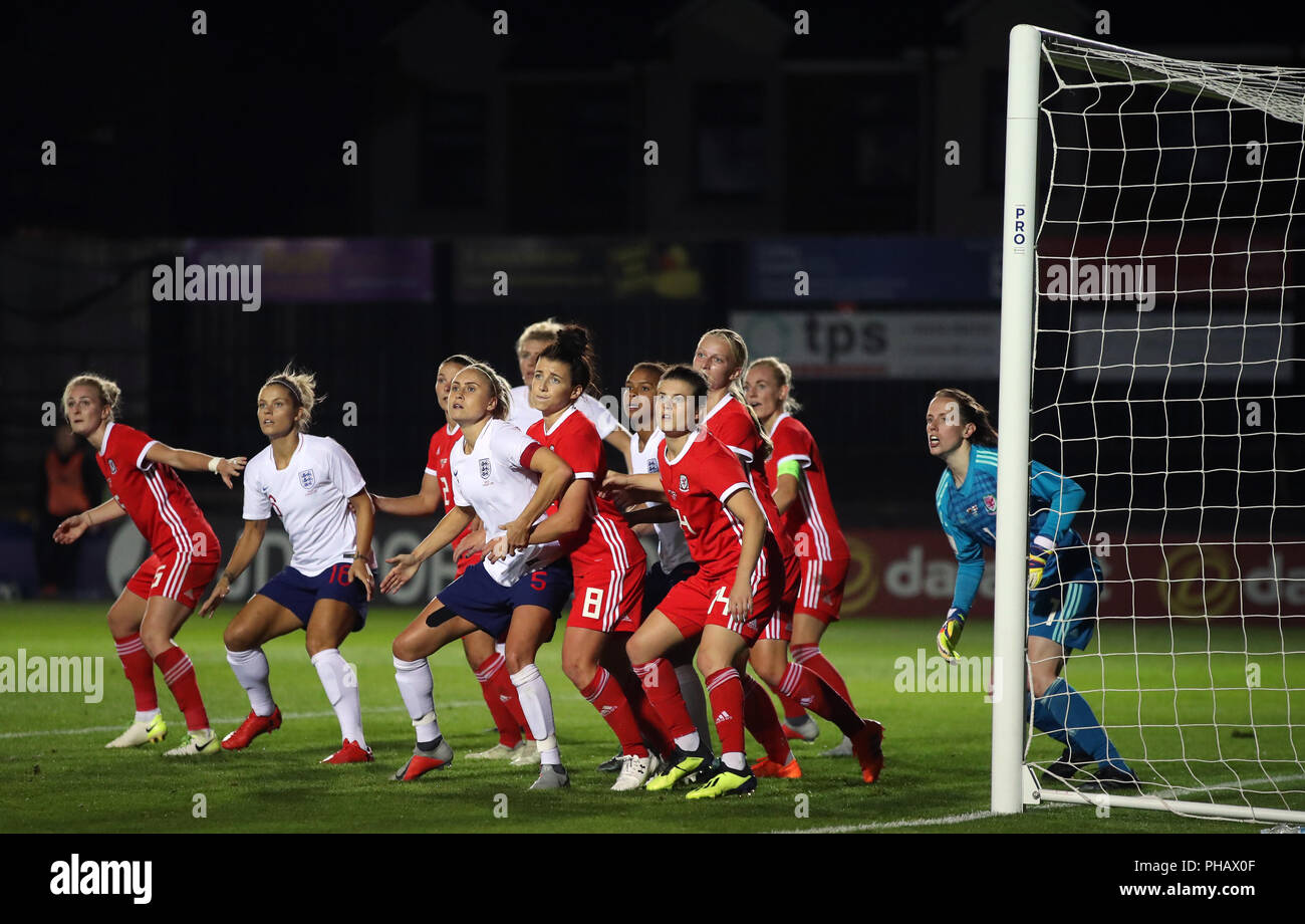 Wales Women and England Women players during the FIFA Women's World Cup qualifying, group 1 match at Rodney Parade, Newport. Stock Photo