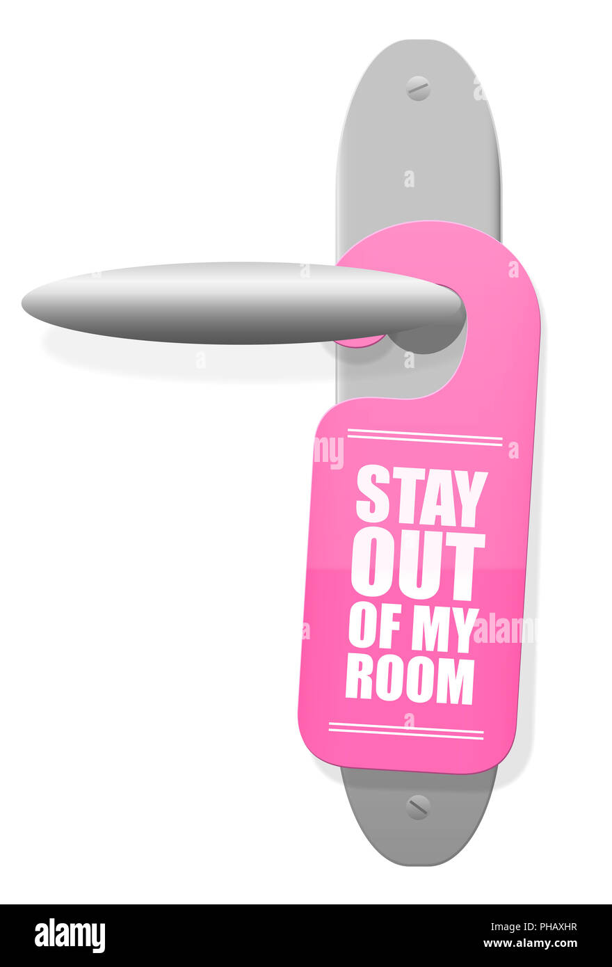 STAY OUT OF MY ROOM - pink sign hanging on door handle of a girls room - illustration on white background. Stock Photo