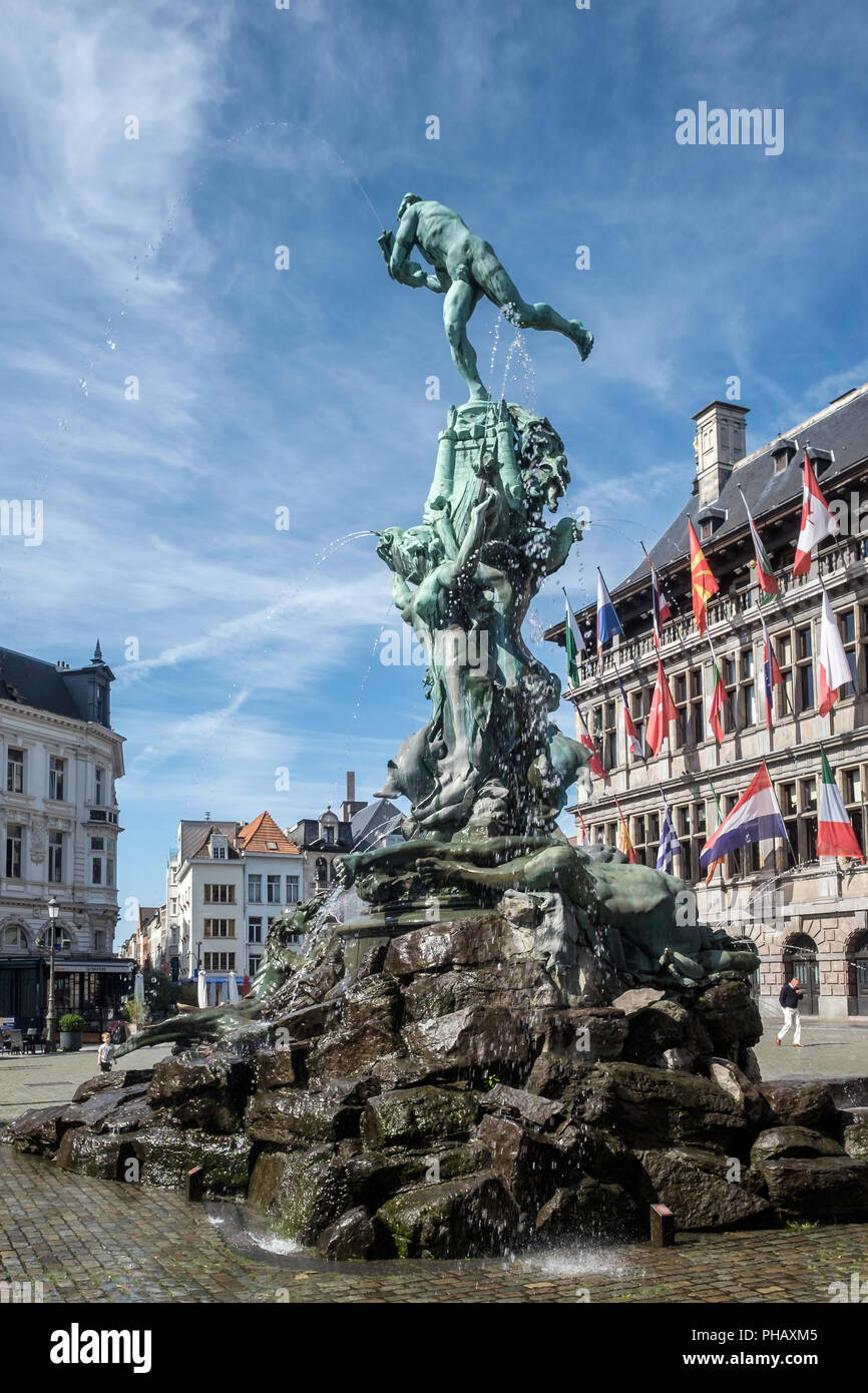 Statue of Silvius Brabo on the main square of Antwerp, Friday 21 July 2017, Antwerp, Belgium. Stock Photo