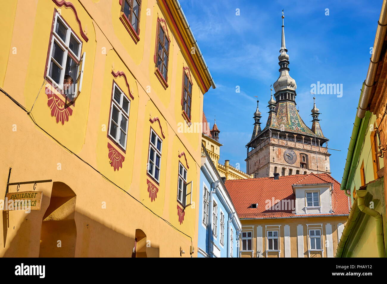 Clock Tower in old town Sighisoara, Transylvania, Romania Stock Photo