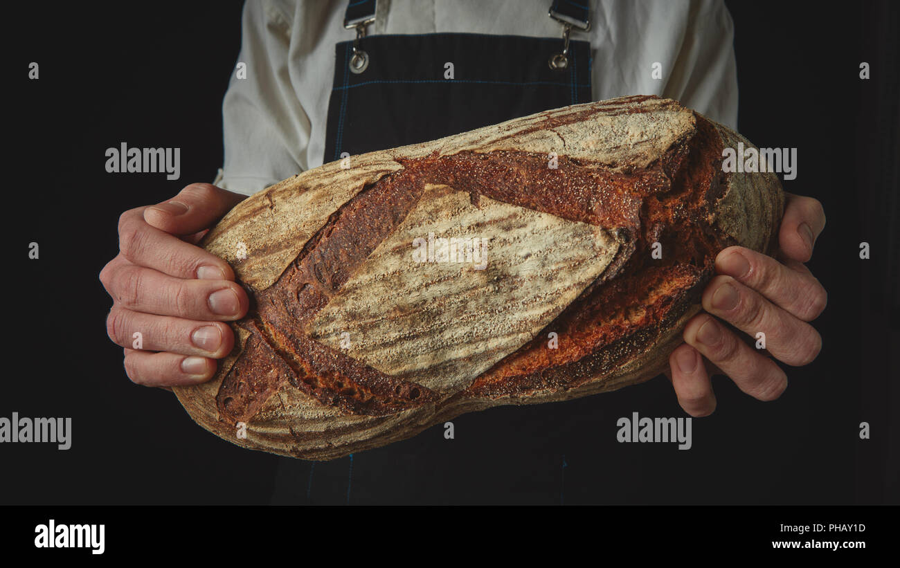 Baker's hands hold an oval bread. Stock Photo