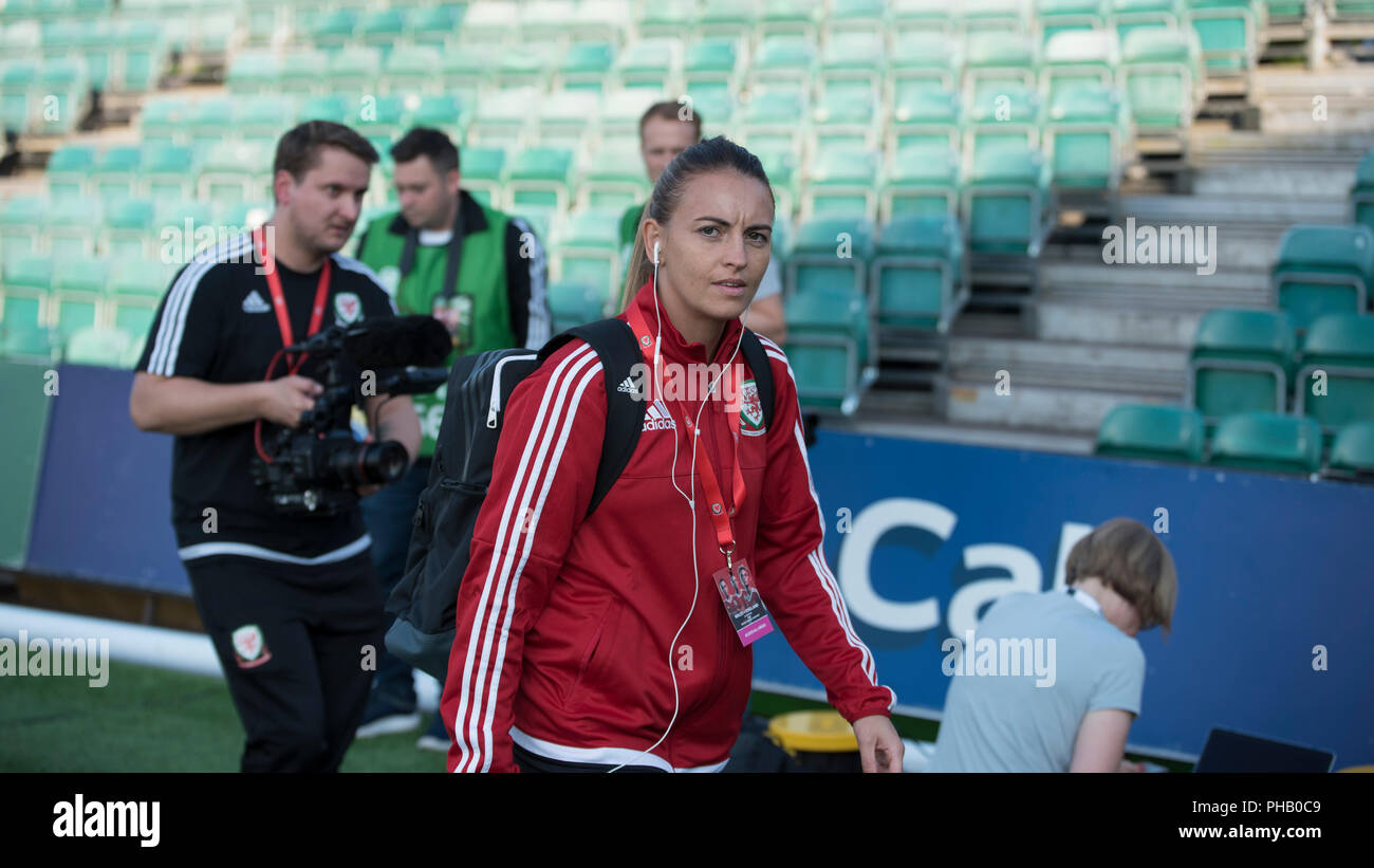 Newport, UK. 31st August 2018. World Cup Qualifier 2018: Wales v England, Rodney Parade, Newport, UK  Wales' Kayleigh Green arrives before the crucial world cup qualifier between Wales and England. Credit: Andrew Dowling/Influential Photography/Alamy Live News Stock Photo