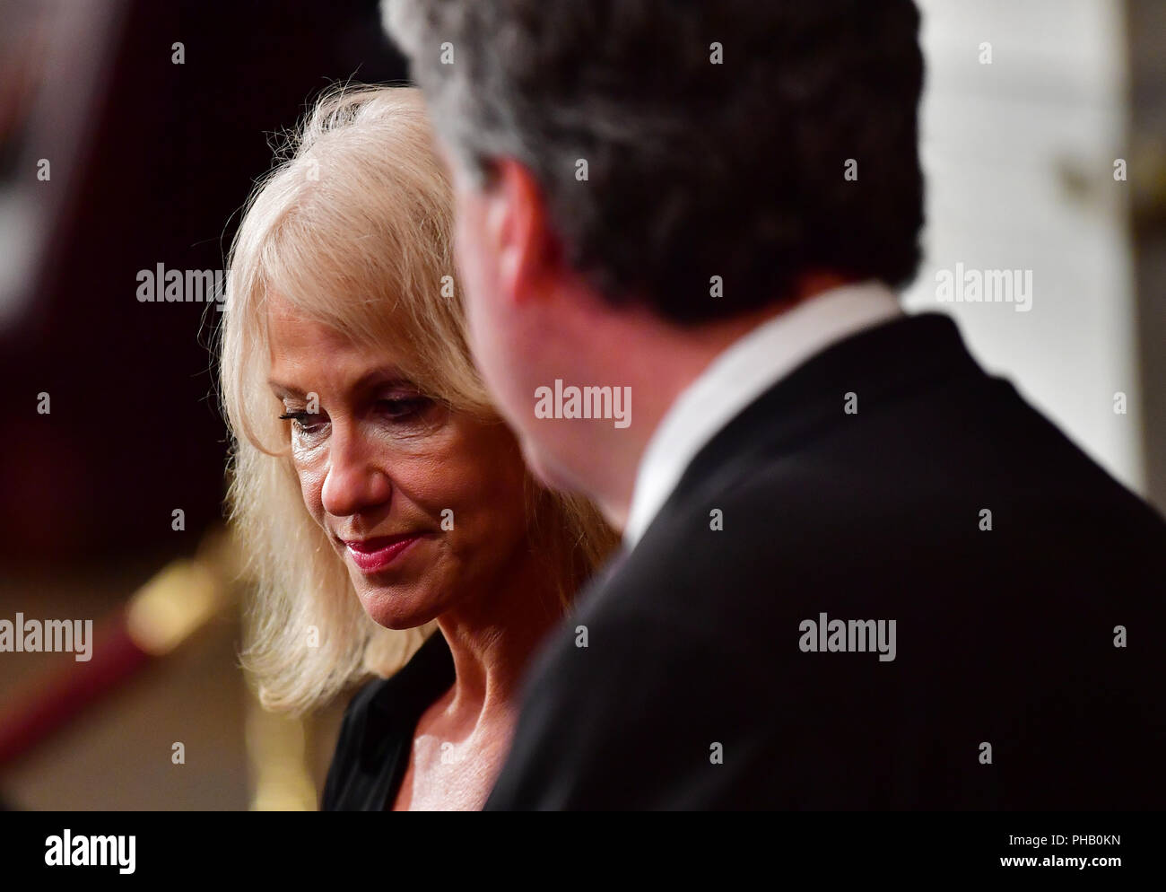 Kellyanne Conway stands as the casket of former Senator John McCain in the Capitol Rotunda lies in state at the U.S. Capitol, in Washington, DC on Friday, August 31, 2018. McCain, an Arizona Republican, presidential candidate and war hero died August 25th at the age of 81. He is the 31st person to lie in state at the Capitol in 166 years. Photo by Kevin Dietsch/UPI | usage worldwide Stock Photo