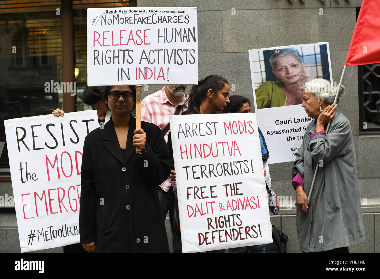London, UK. 31st August 2018. South Asia Solidarity Group host a Urgent London Protest against Modi regime unleashed a massive witchhunt against a whole range of dissenting voices targeting some of India’s most credible and respected human rights with false allegations Credit: Picture Capital/Alamy Live News Stock Photo