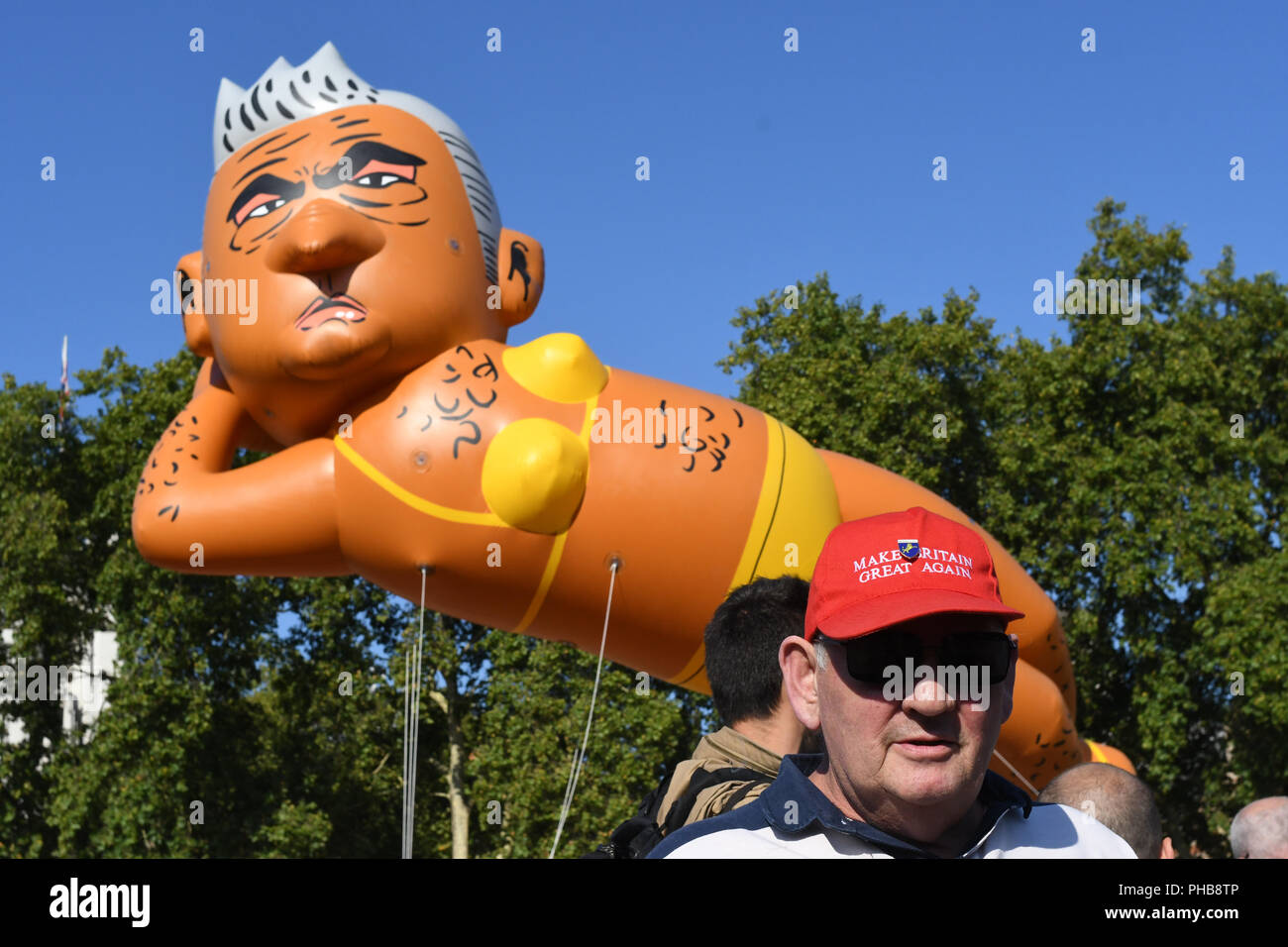 Alt-Right,  anti-Mayor of London take the revenge after Trump baby with a 29ft Gaint ballon of a Bikini-clad Sadiq Khan blimp to fly over London at Parliament Square on 1st September 2018, London, UK. Stock Photo