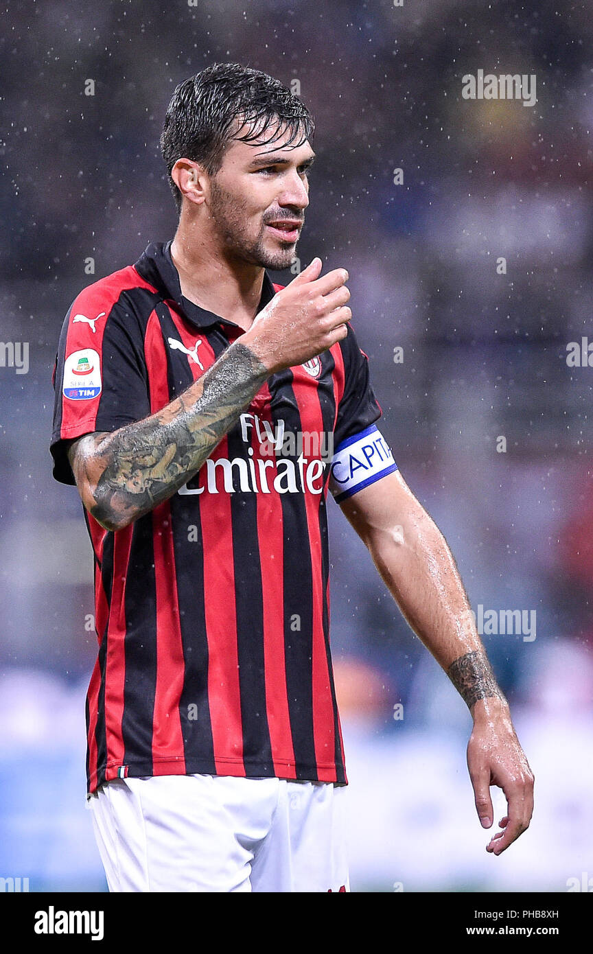 Milan, Italy. 31st August 2018. Alessio Romagnoli of AC Milan during the  Serie A match between AC Milan and AS Roma at Stadio San Siro, Milan, Italy  on 31 August 2018. Photo