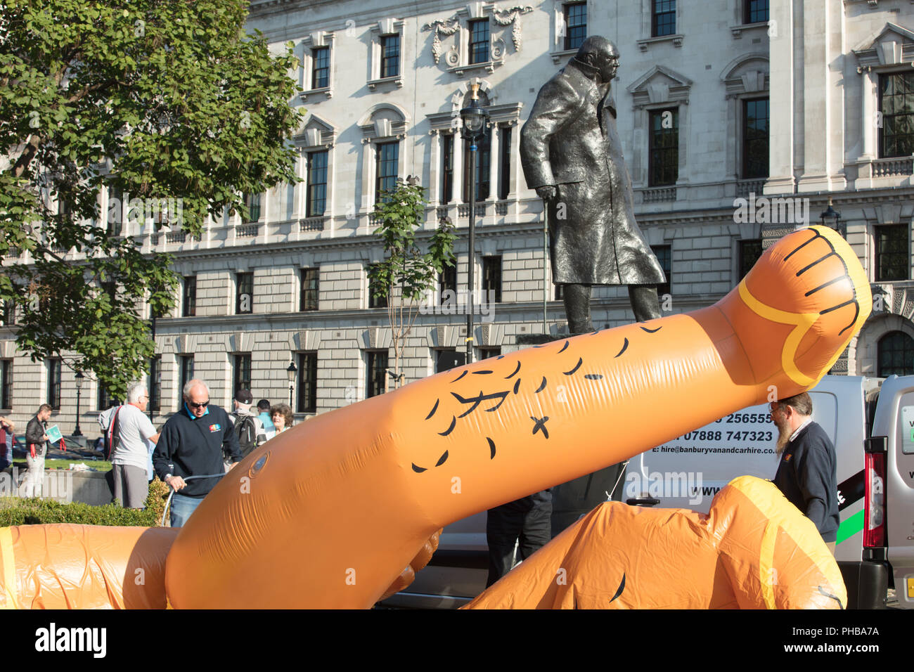London, UK. 1st September, 2018. The Sadiq Khan Bikini blimp being prepared in Parliament Square, mocking the Mayor of London 'ban the bikini' policy and highlighting the high crime rate in the capital. Credit: joe Kuis/Alamy Live News Stock Photo