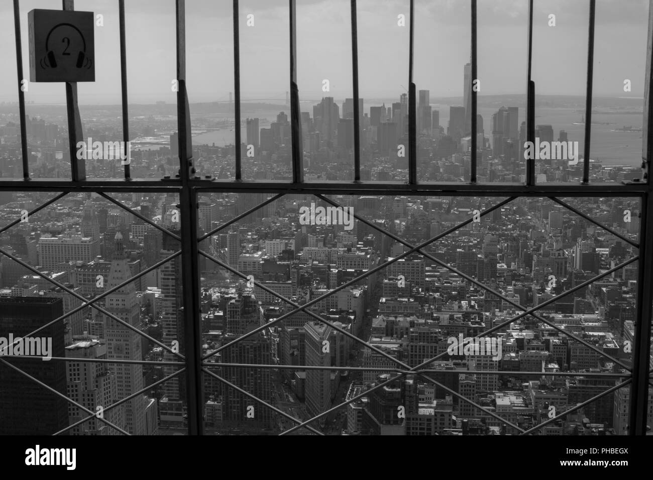 A view to Lower Manhattan from Empire state buliding observation deck Stock Photo