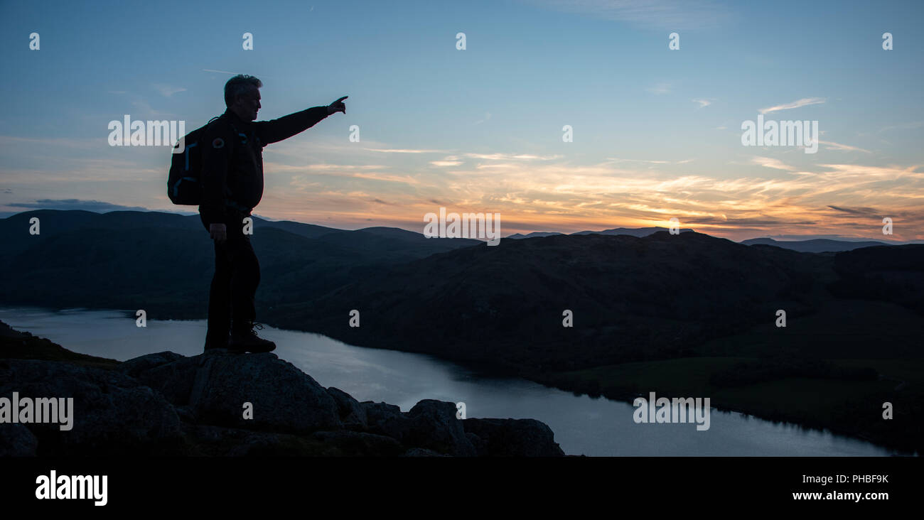 Looking over Ullswater from the summit of Hallin Fell at sunset, Lake District National Park, UNESCO, Cumbria, England, United Kingdom Stock Photo