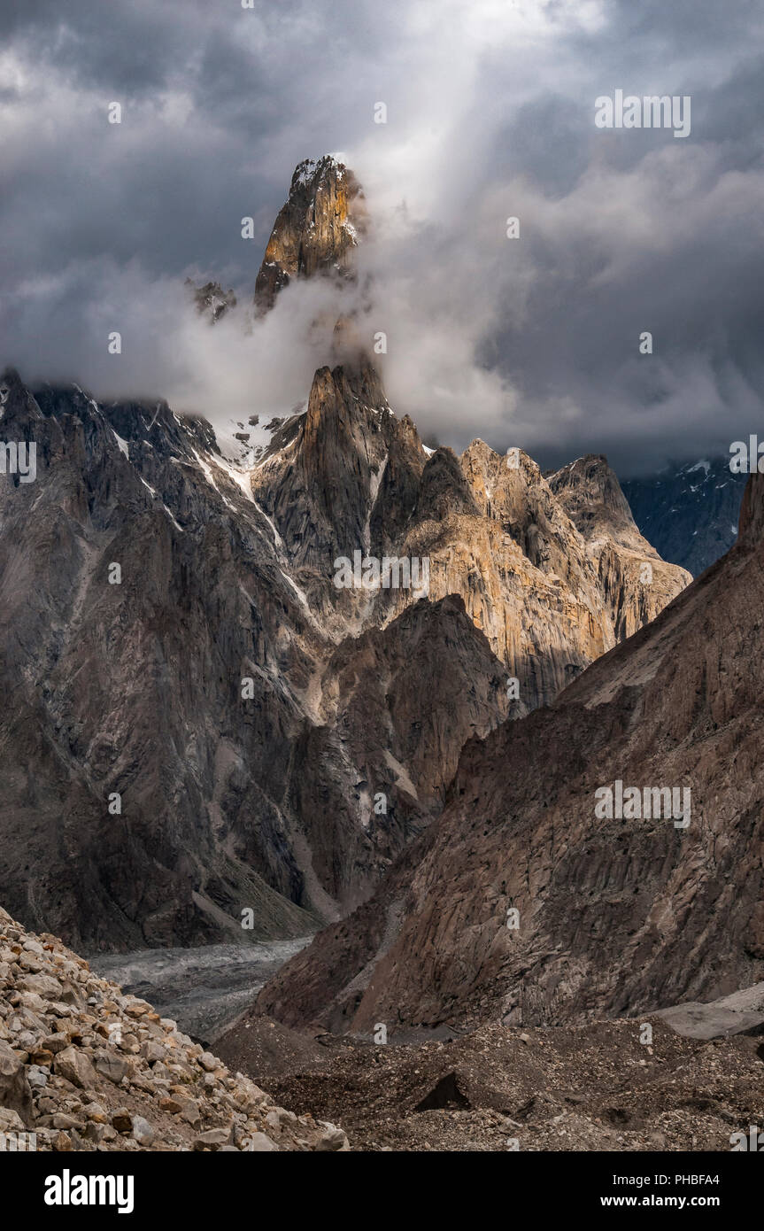 Uli Baiho Tower, 6109m, located near the Trango Towers and Baltoro Glacier in the Gilgit-Baltistan area of Pakistan, Asia Stock Photo