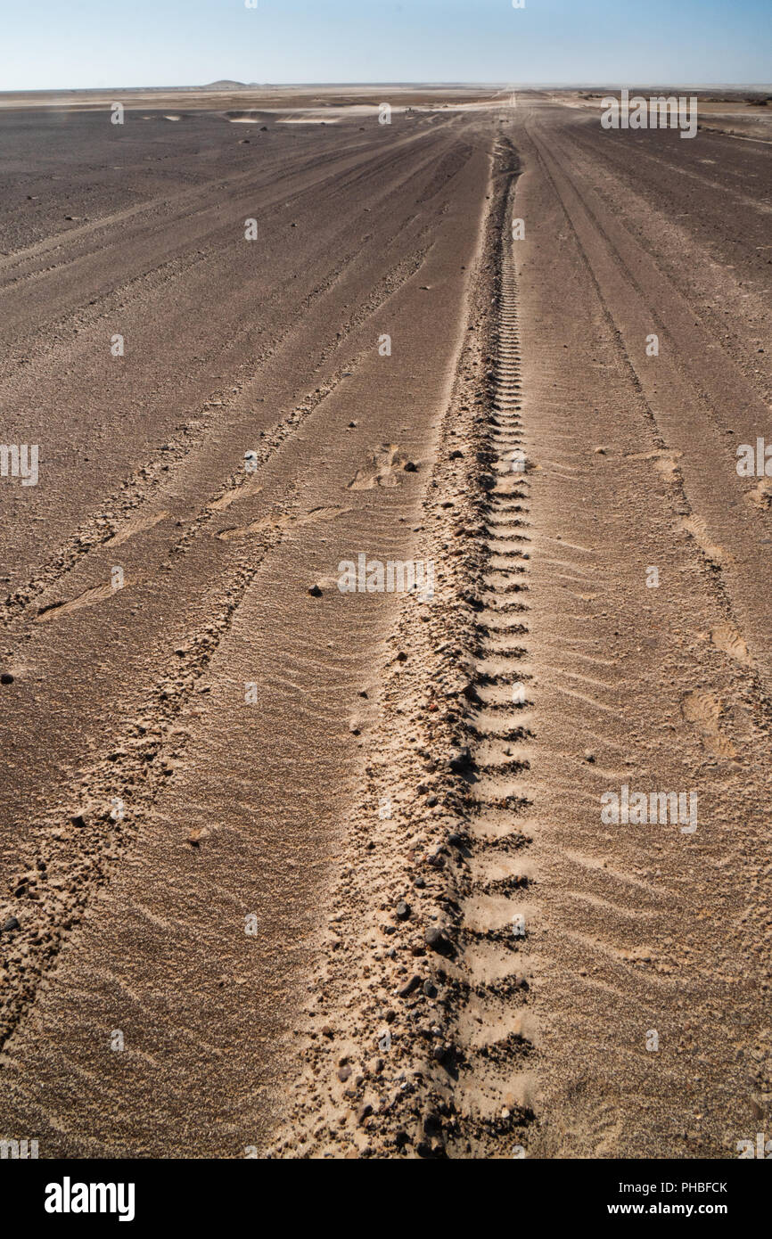Tyre tracks delineate a seemingly endless straight road in Namib Desert near the infamous Skeleton Coast, Namibia, Africa Stock Photo