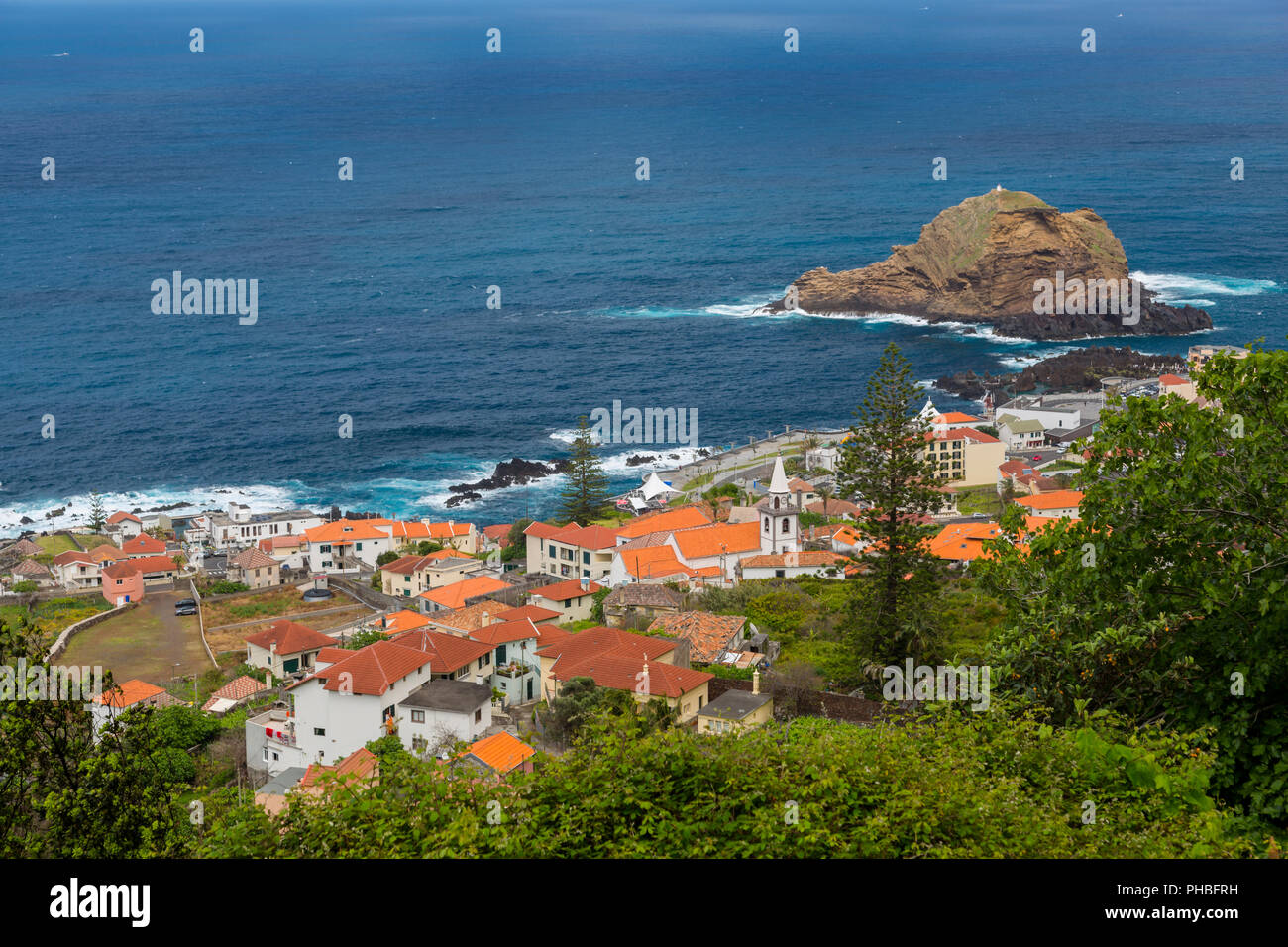View of seaside town from elevated position, Porto Moniz, Madeira, Portugal, Atlantic, Europe Stock Photo