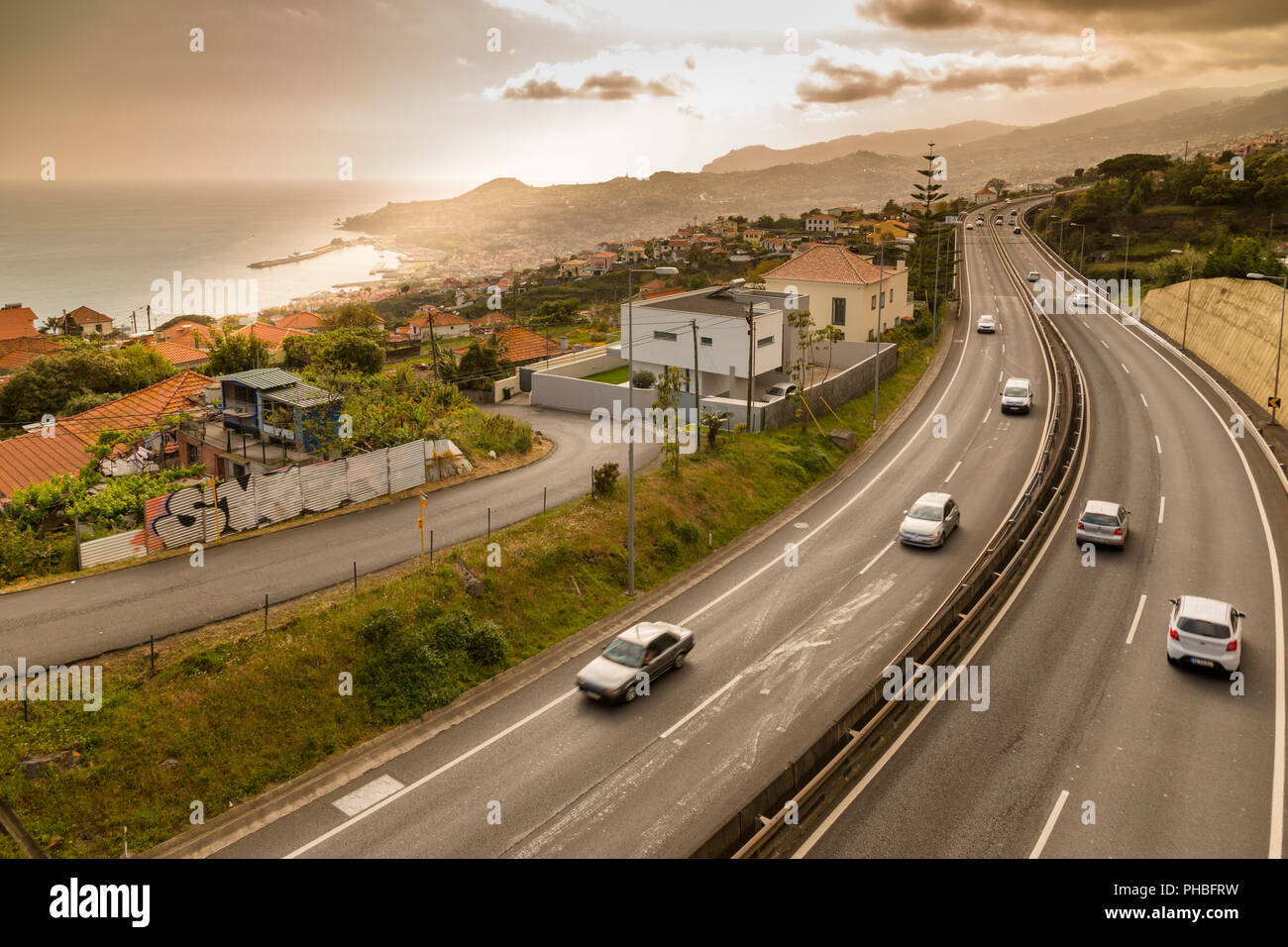 Road above Funchal viewed from elevated position, Madeira, Portugal, Atlantic, Europe Stock Photo