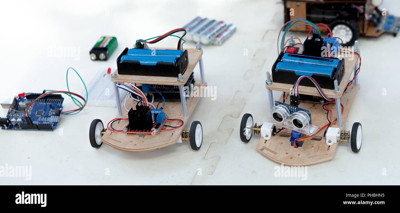 Electronic component connected with breadboard in laboratory. electrical engineering with cables and controller. Modern technologies, electronics, diy Stock Photo