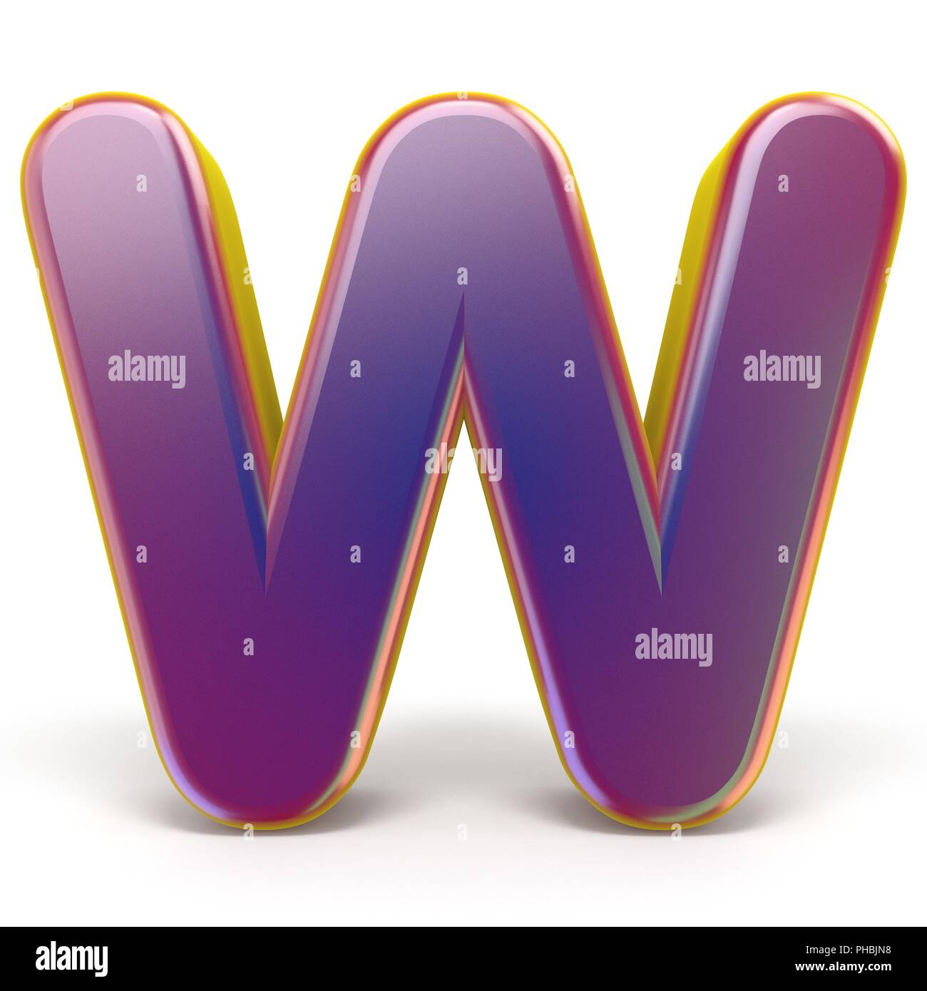 Letter W purple font yellow outlined 3D rendering illustration isolated ...