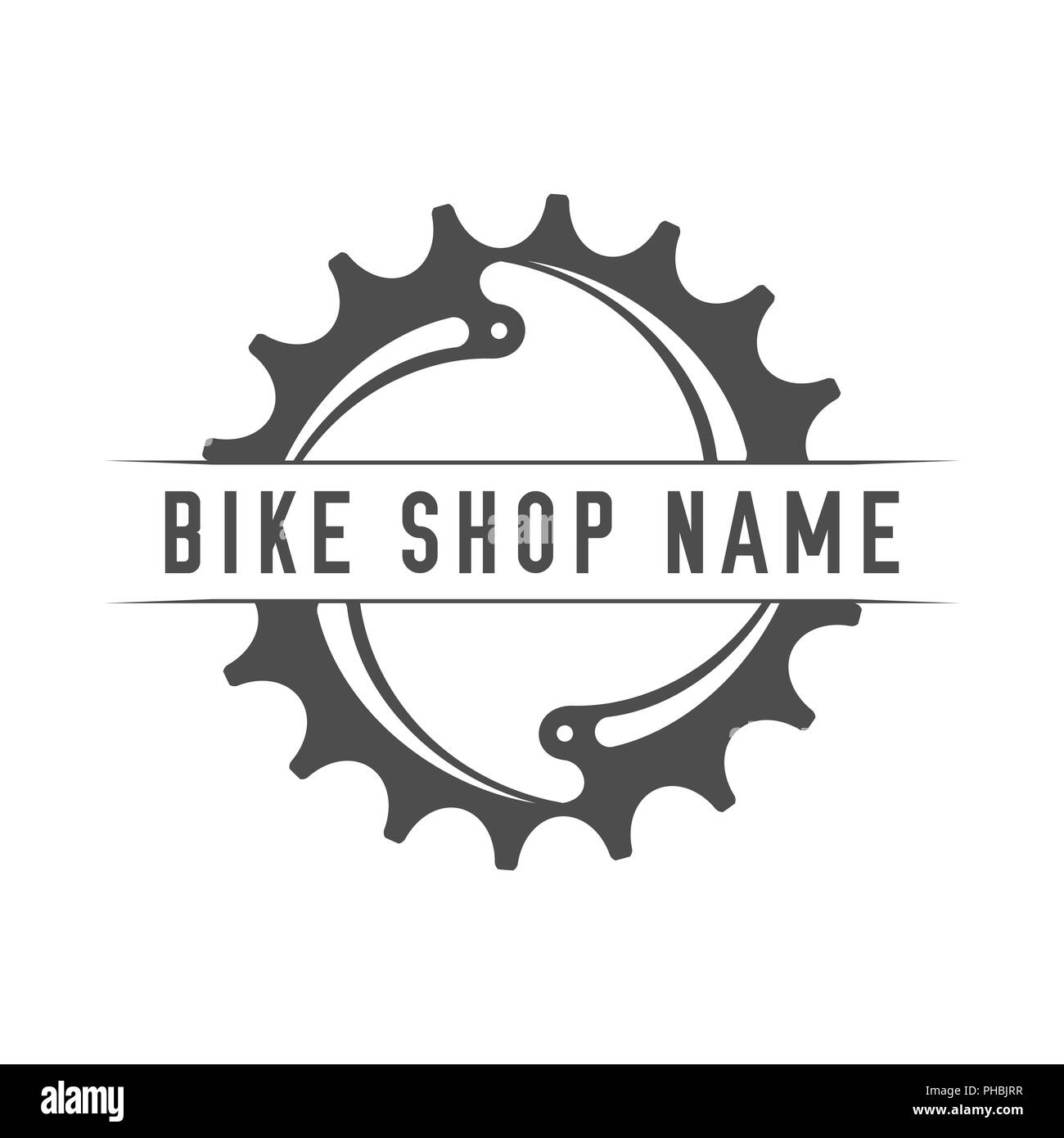 Bikes Shop Emblem. Design Element for Bike Shop or Advertising Banner. Chainring and Place for Your Bike Shop Name, Monochrome Illustration. Stock Photo