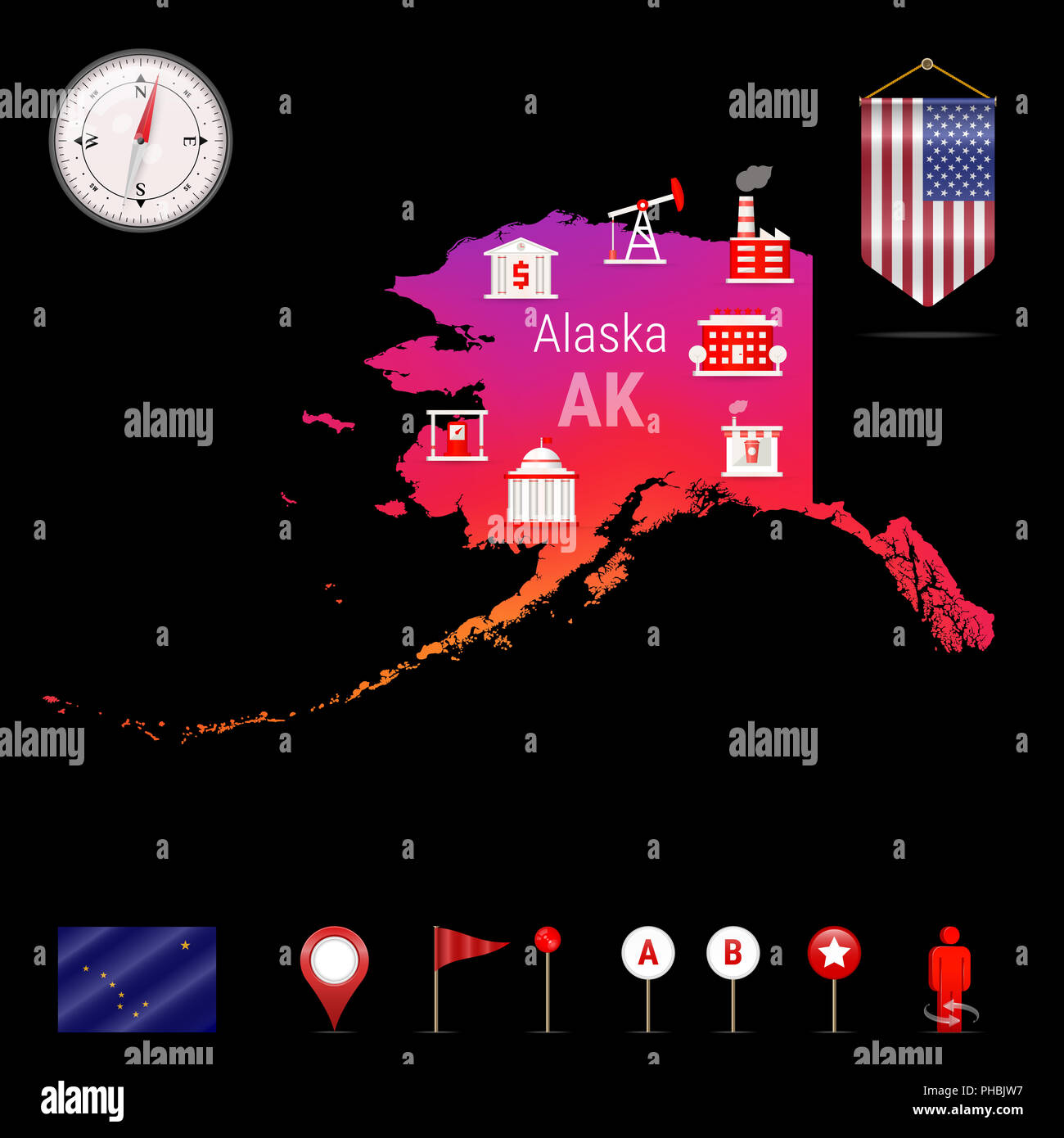 Alaska Map, Night View. Compass Icon, Map Navigation Elements. Pennant Flag of the United States. Flag of Alaska. Various Industries, Economic Geograp Stock Photo