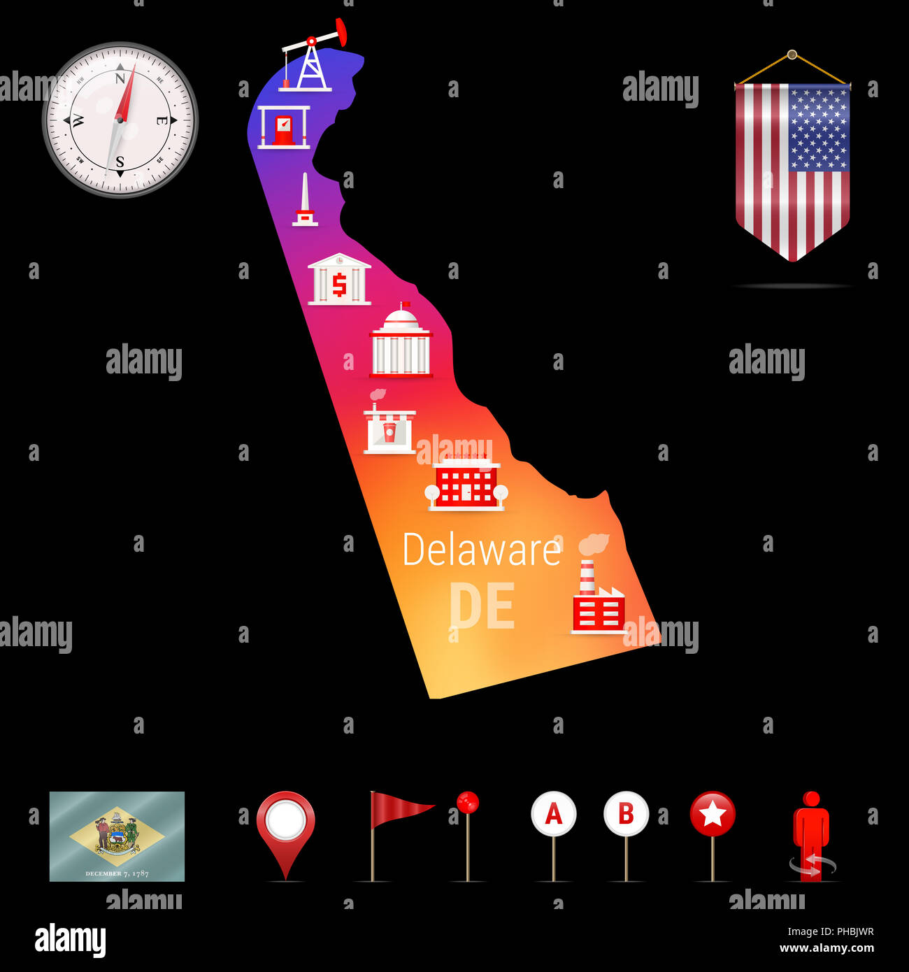 Delaware Map, Night View. Compass Icon, Map Navigation Elements ...