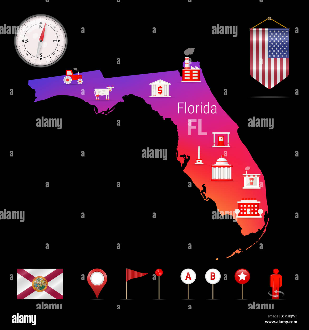 Florida Map Night View Compass - Florida Map Night View Compass Icon Map Navigation Elements Pennant Flag Of The United States Flag Of Florida Various Industries Economic Geogr PHBJWT