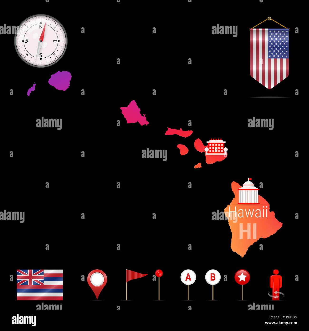 Hawaii Map, Night View. Compass Icon, Map Navigation Elements. Pennant Flag of the United States. Flag of Hawaii. Various Industries, Economic Geograp Stock Photo