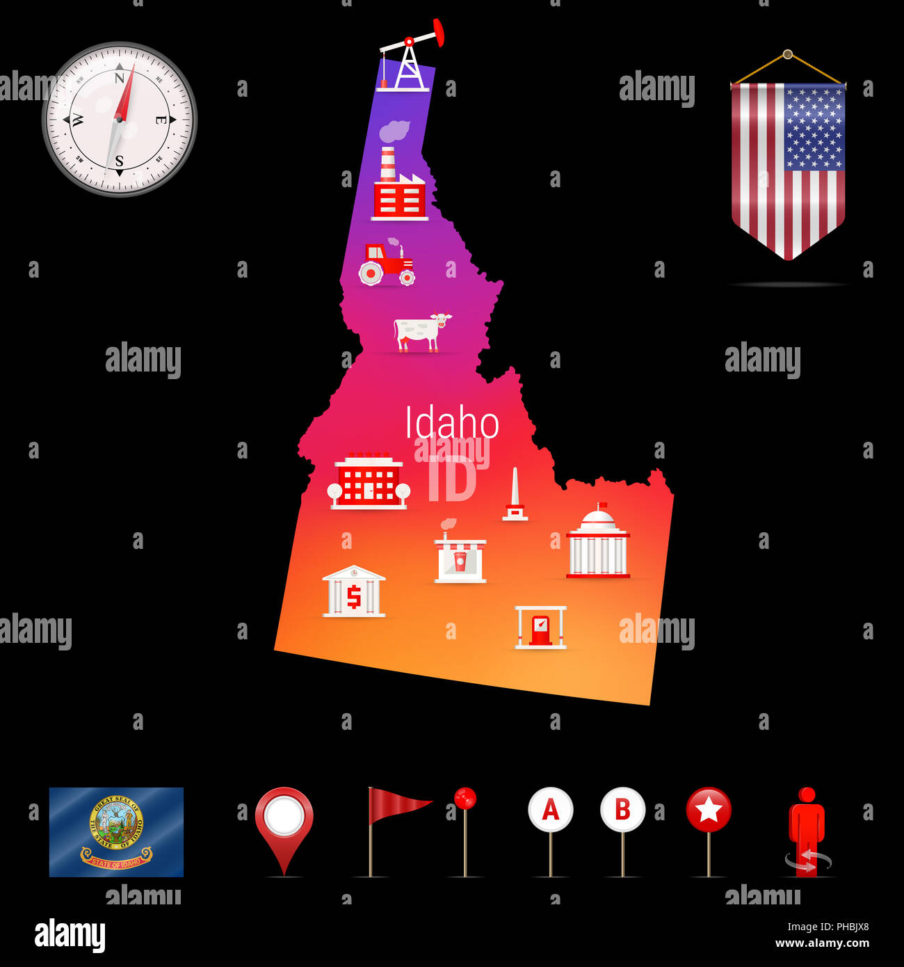 Idaho Map, Night View. Compass Icon, Map Navigation Elements. Pennant