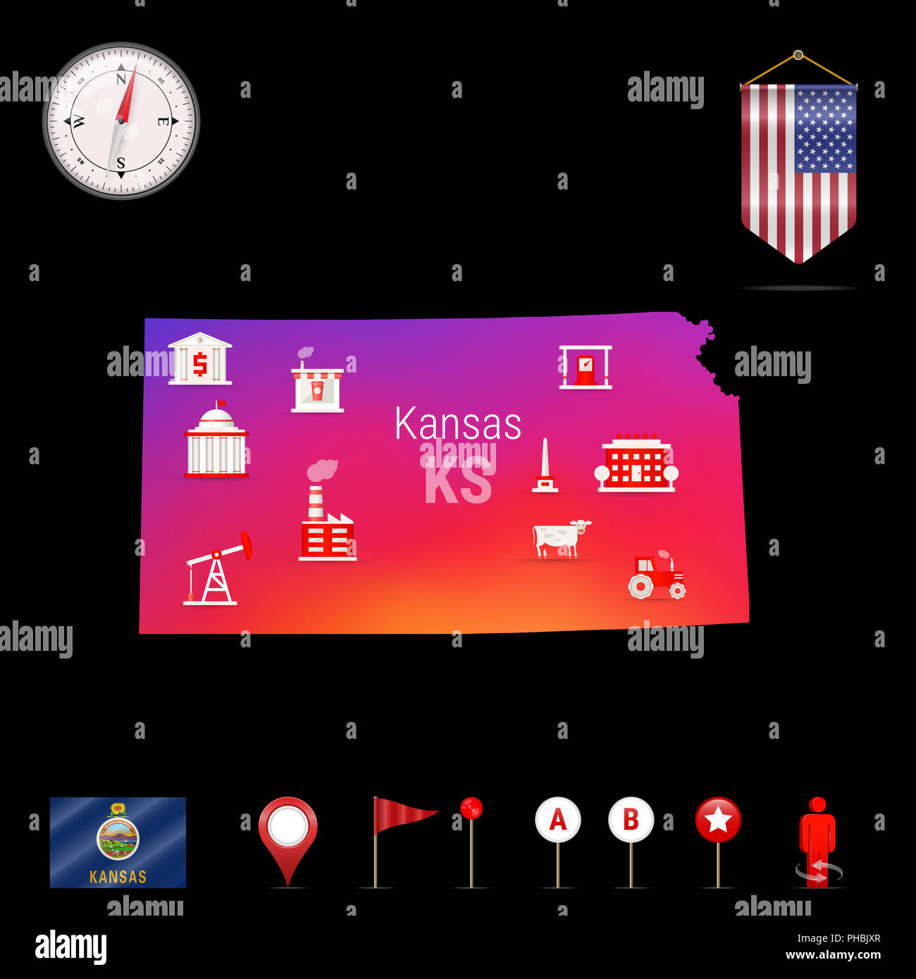 Kansas Map, Night View. Compass Icon, Map Navigation Elements. Pennant Flag of the United States. Flag of Kansas. Various Industries, Economic Geograp Stock Photo