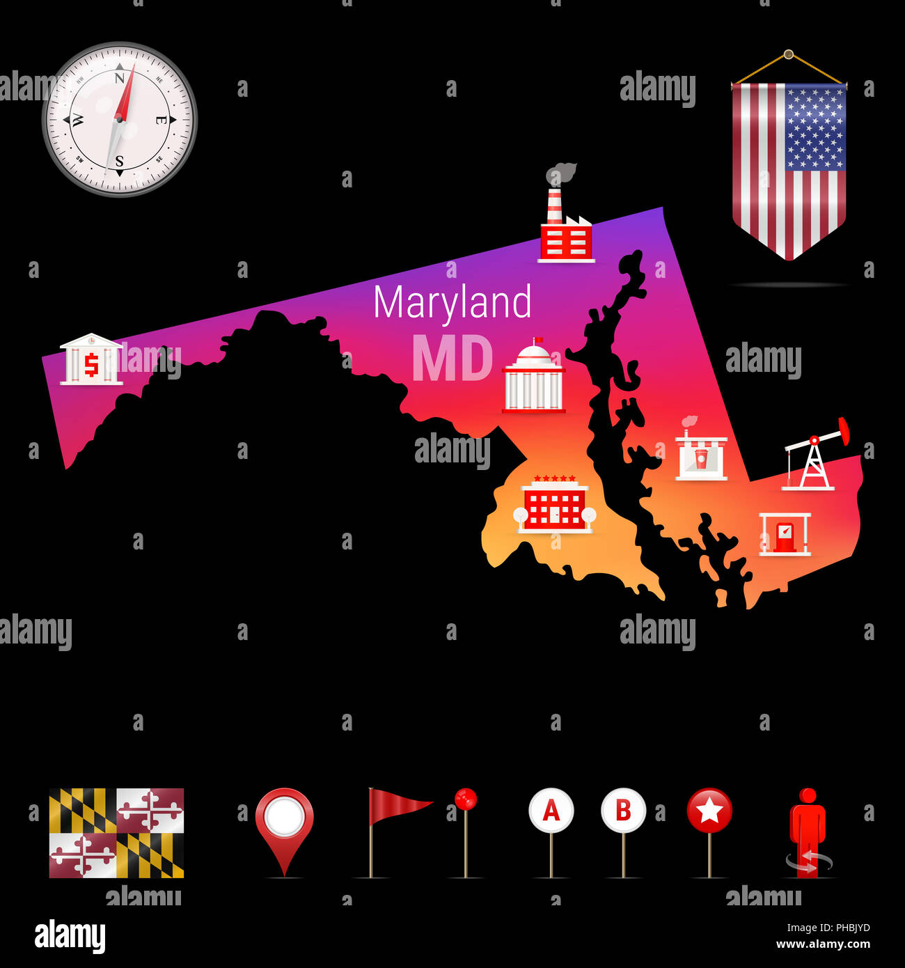 Maryland Map, Night View. Compass Icon, Map Navigation Elements. Pennant  Flag of the United States. Flag of Maryland. Various Industries, Economic  Geo Stock Photo - Alamy