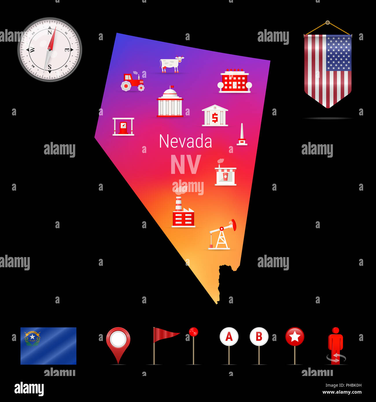 Nevada Map, Night View. Compass Icon, Map Navigation Elements. Pennant Flag of the United States. Flag of Nevada. Various Industries, Economic Geograp Stock Photo