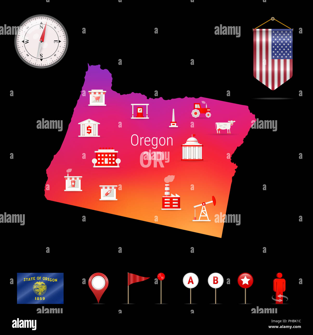 Oregon Map, Night View. Compass Icon, Map Navigation Elements. Pennant Flag of the United States. Flag of Oregon. Various Industries, Economic Geograp Stock Photo