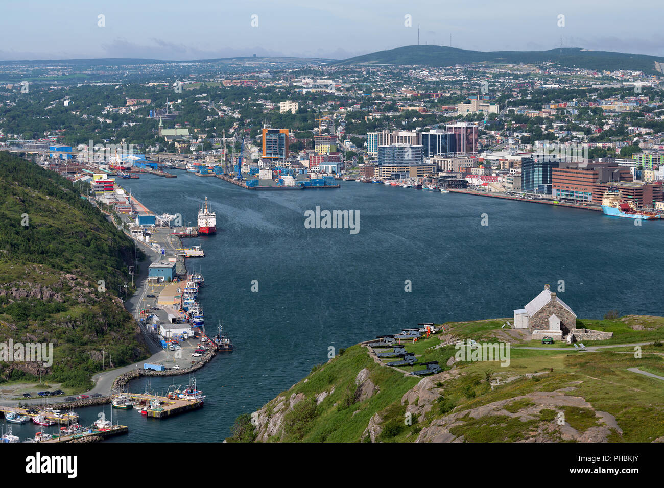 Historic and colorful owntown St. John's and St. John's Harbour from Signal Hill in St. John's, Newfoundland and Labrador Stock Photo