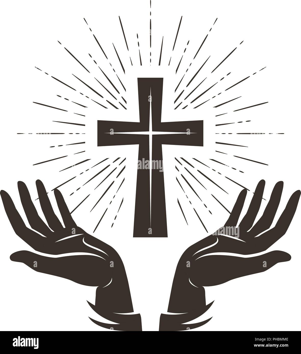 Church logo or label. Prayer, religion concept. Vintage vector illustration Stock Vector