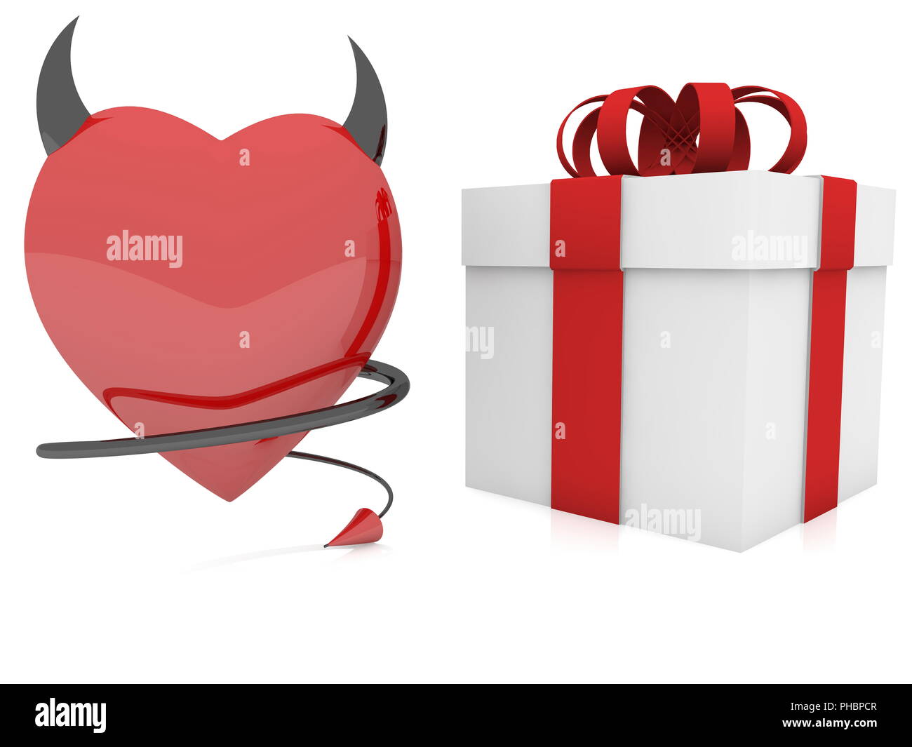 Devil red heart with horn and tail near gift box Stock Photo - Alamy