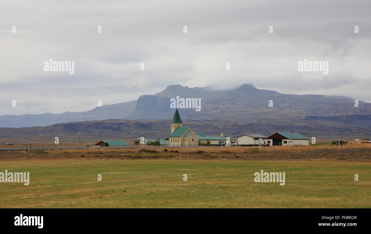 Faskrudarbakki, small village with church in Vesturland, Iceland. Stock Photo