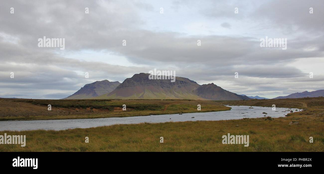 River and mountains near Hnappadalur, Iceland. Stock Photo