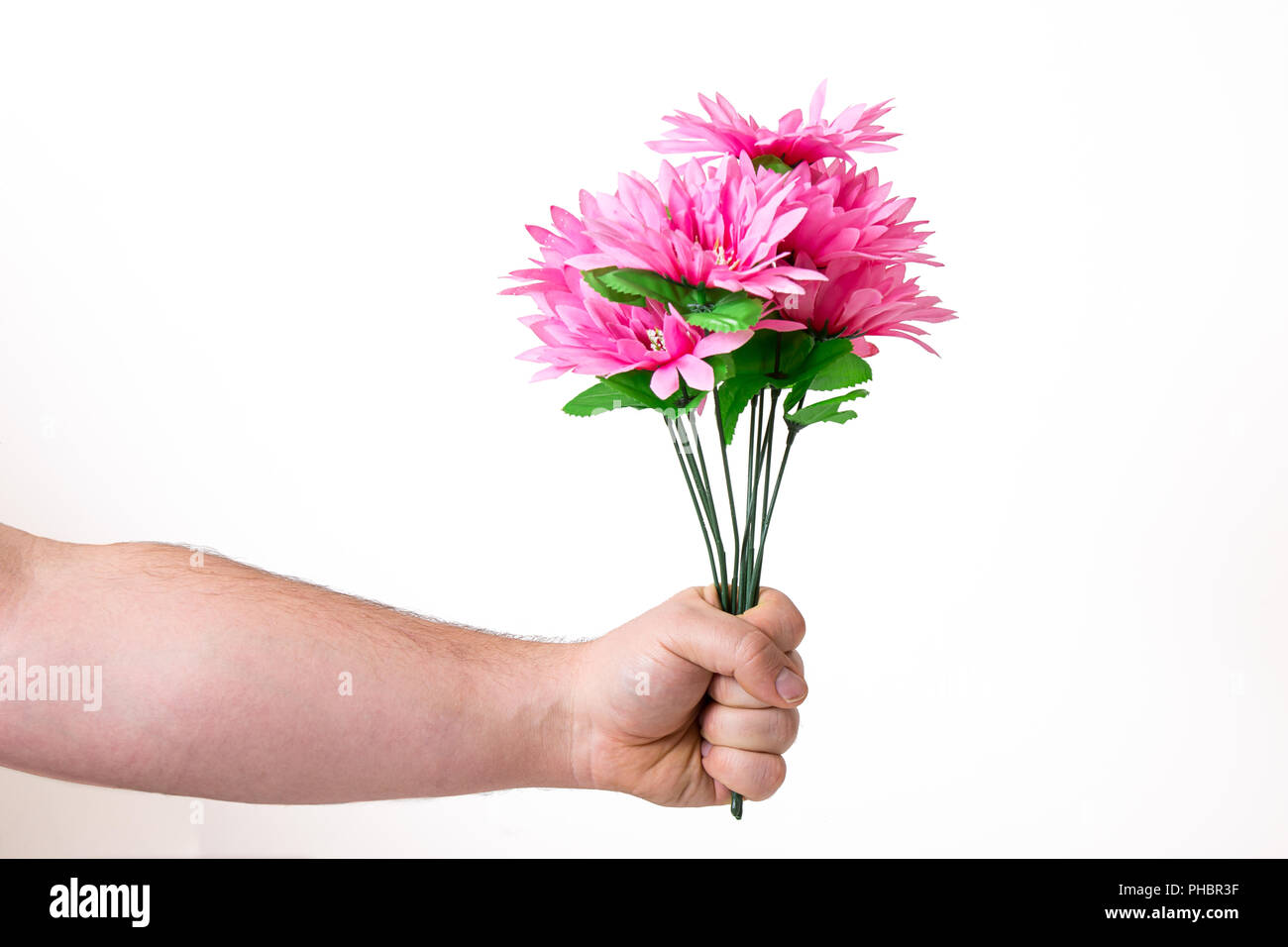 Hand holding fake flower Stock Photo
