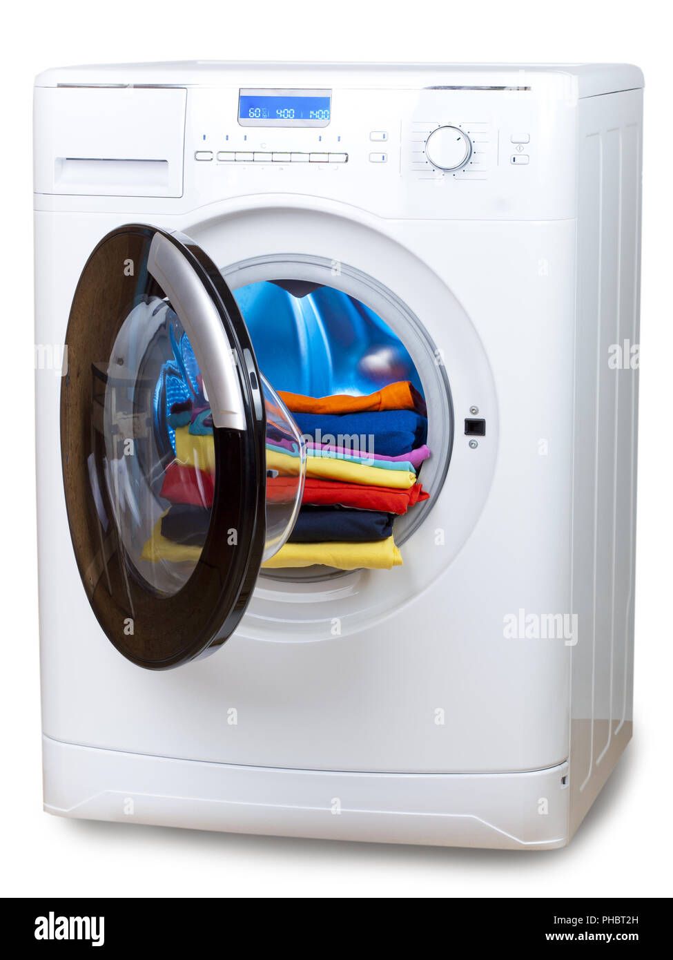 The washing machine with an open door and linen Stock Photo Alamy