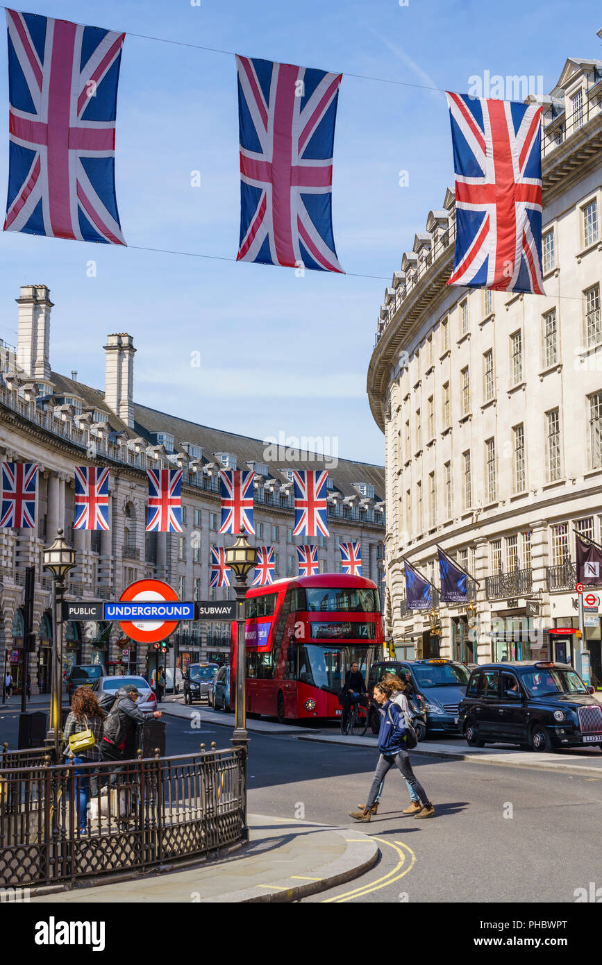 Union flags flying in Regent Street, London, W1, England, United Kingdom, Europe Stock Photo