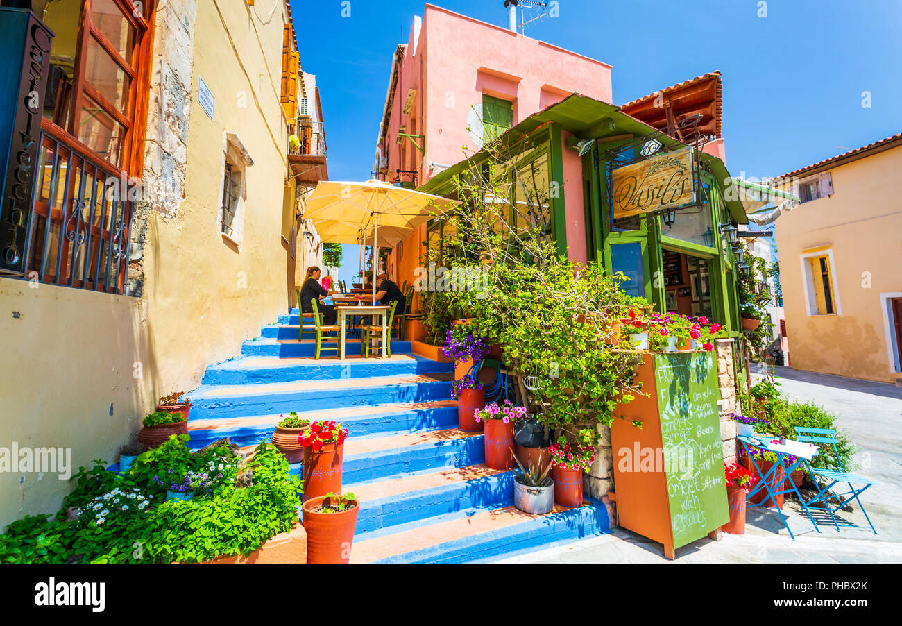 Colourful Cafe in Rethymnon, Crete, Greek Islands, Greece, Europe Stock Photo