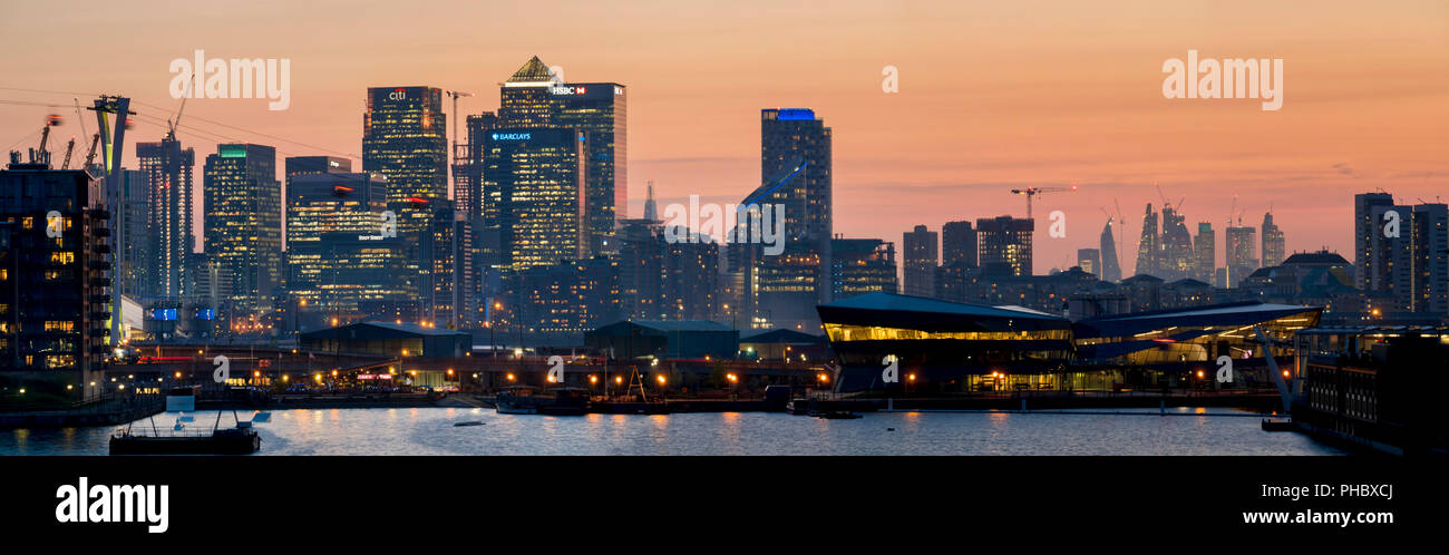 Canary Wharf and City Square Mile panorama from Royal Victoria dock ...