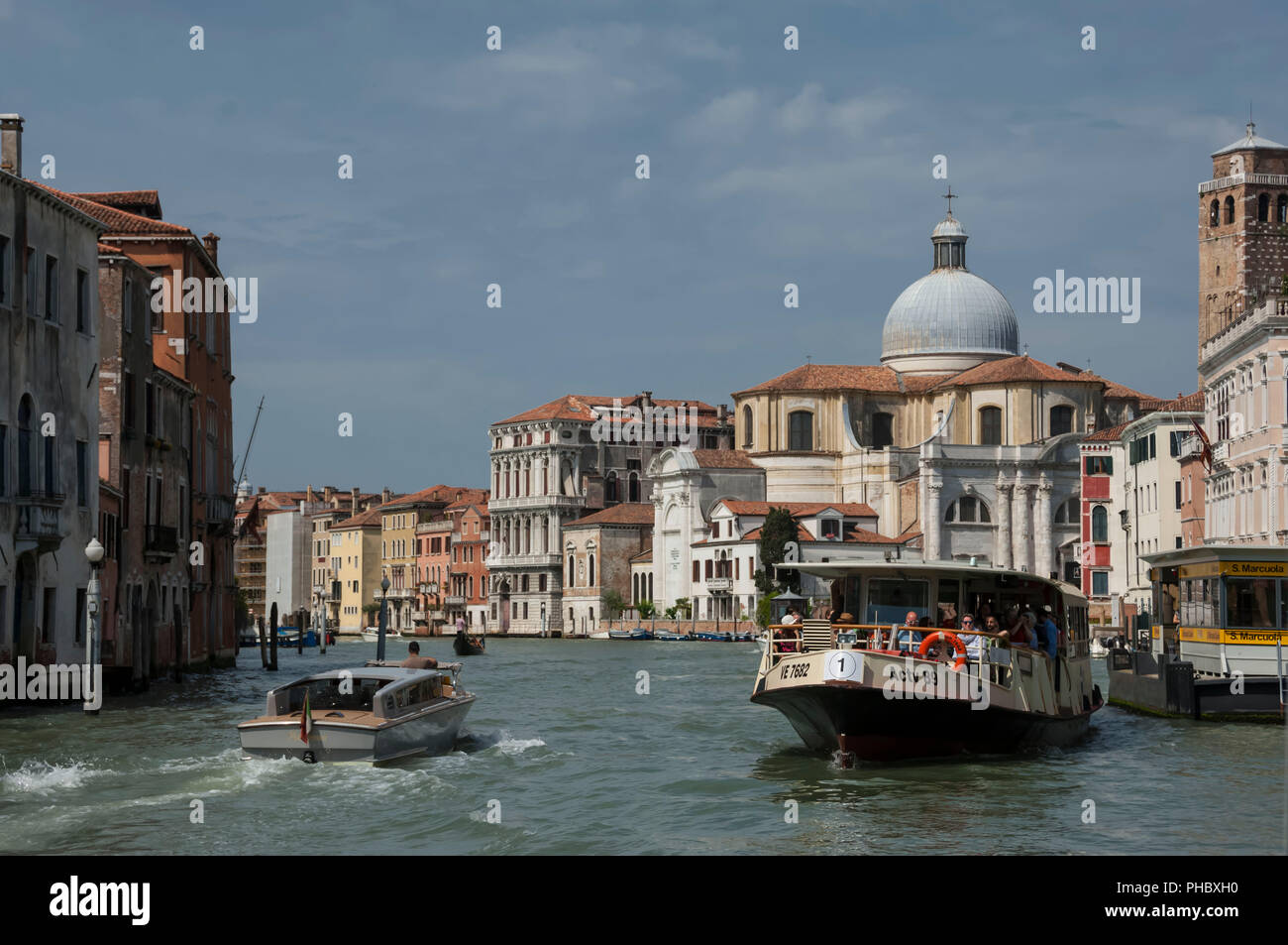 Water bus and taxi, Grand Canal at Marcuola, Venice, UNESCO World Heritage Site, Veneto, Italy, Europe Stock Photo
