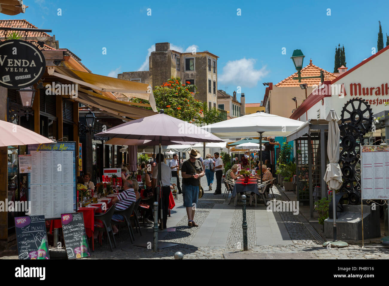 View of cafes and restaurants on old town street, Funchal, Madeira, Portugal, Atlantic, Europe Stock Photo
