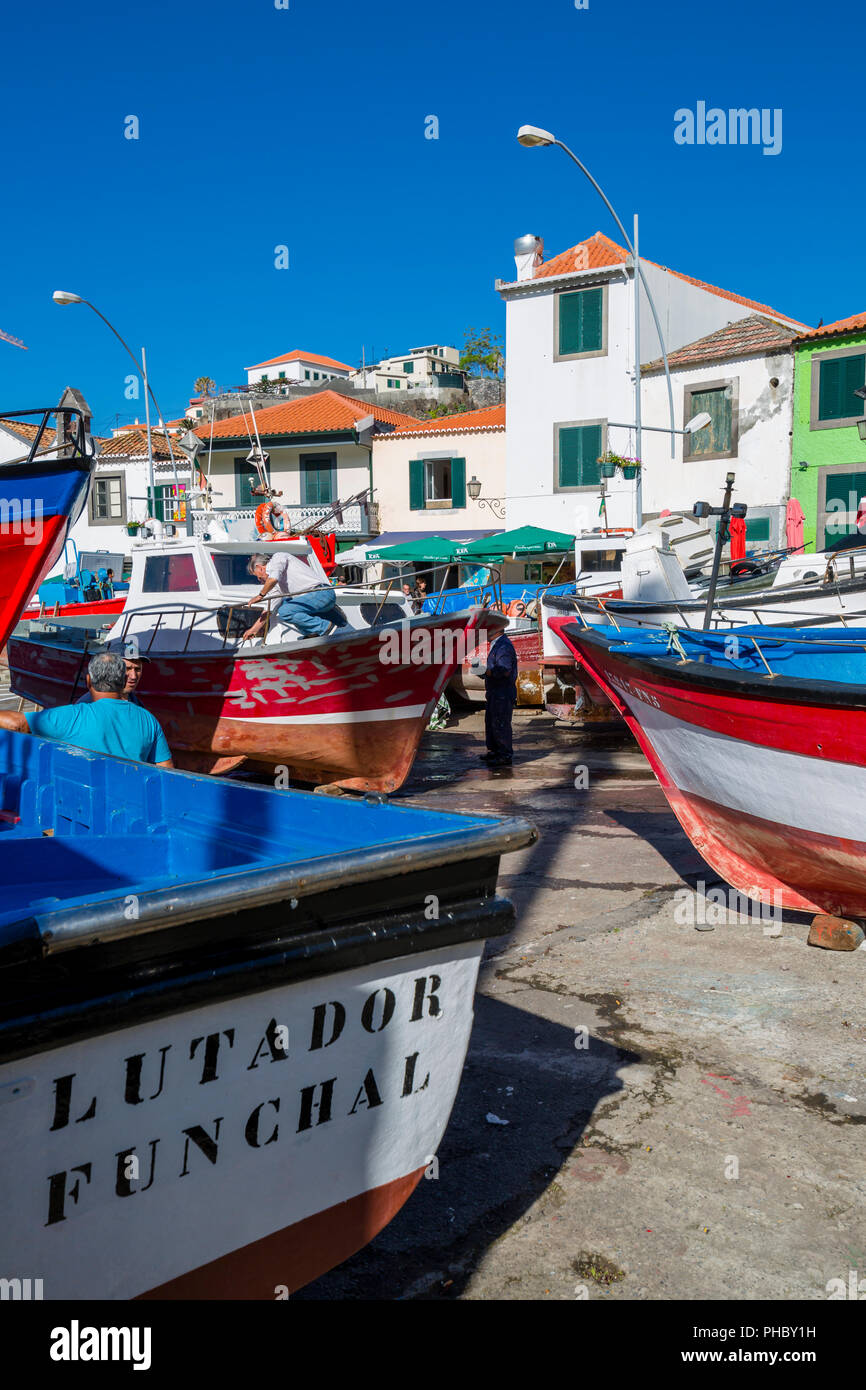 Colourful fishing boats in harbour in Camara de Lobos, Madeira, Portugal, Atlantic, Europe Stock Photo