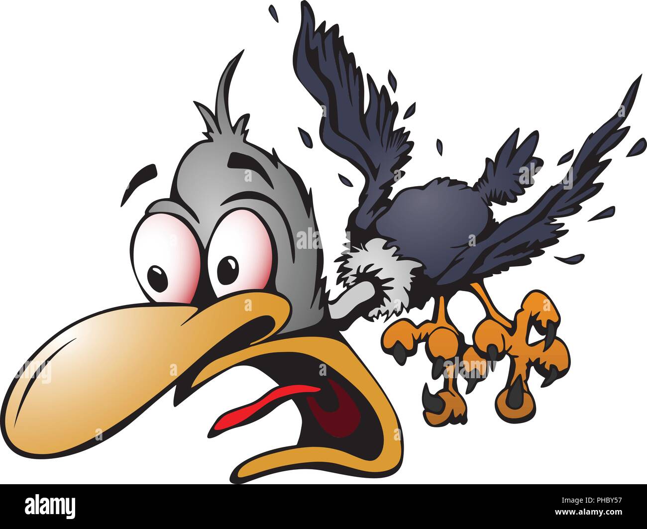 Crazy cartoon bird vector illustration with shocked expression, flying, loose feathers, big eyes, full color cartoon graphic Stock Vector