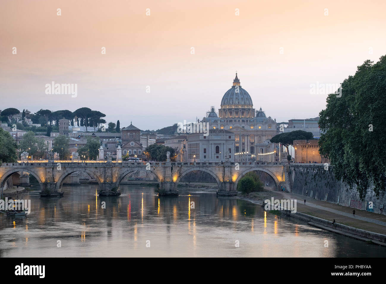 View of the Tiber (Tevere) River, Saint Angelo bridge and the dome of St. Peter's, Rome, Lazio, Italy, Europe Stock Photo