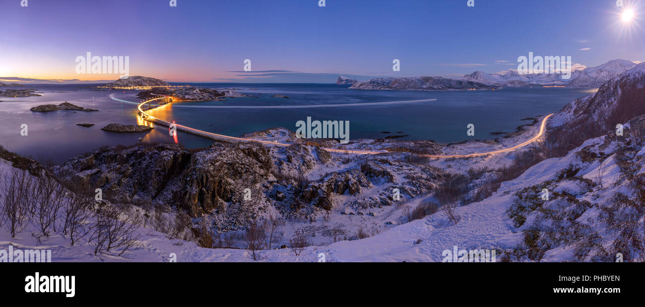 Panoramic of bridge and sea at dusk, Sommaroy island, Troms county, Norway, Scandinavia, Europe Stock Photo