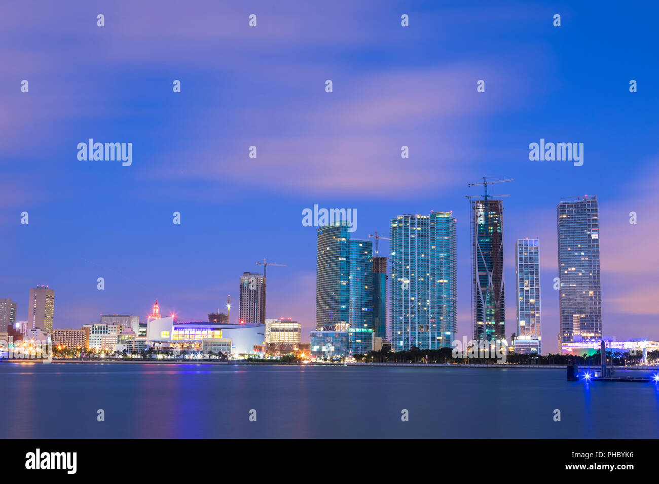 Night skyline of Downtown Miami from Watson Island, Miami, Florida, United States of America, North America Stock Photo