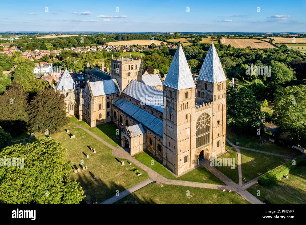 Southwell Mister and Romanesque Cathedral in Nottinghamshire, England, UK. Aerial view Stock Photo