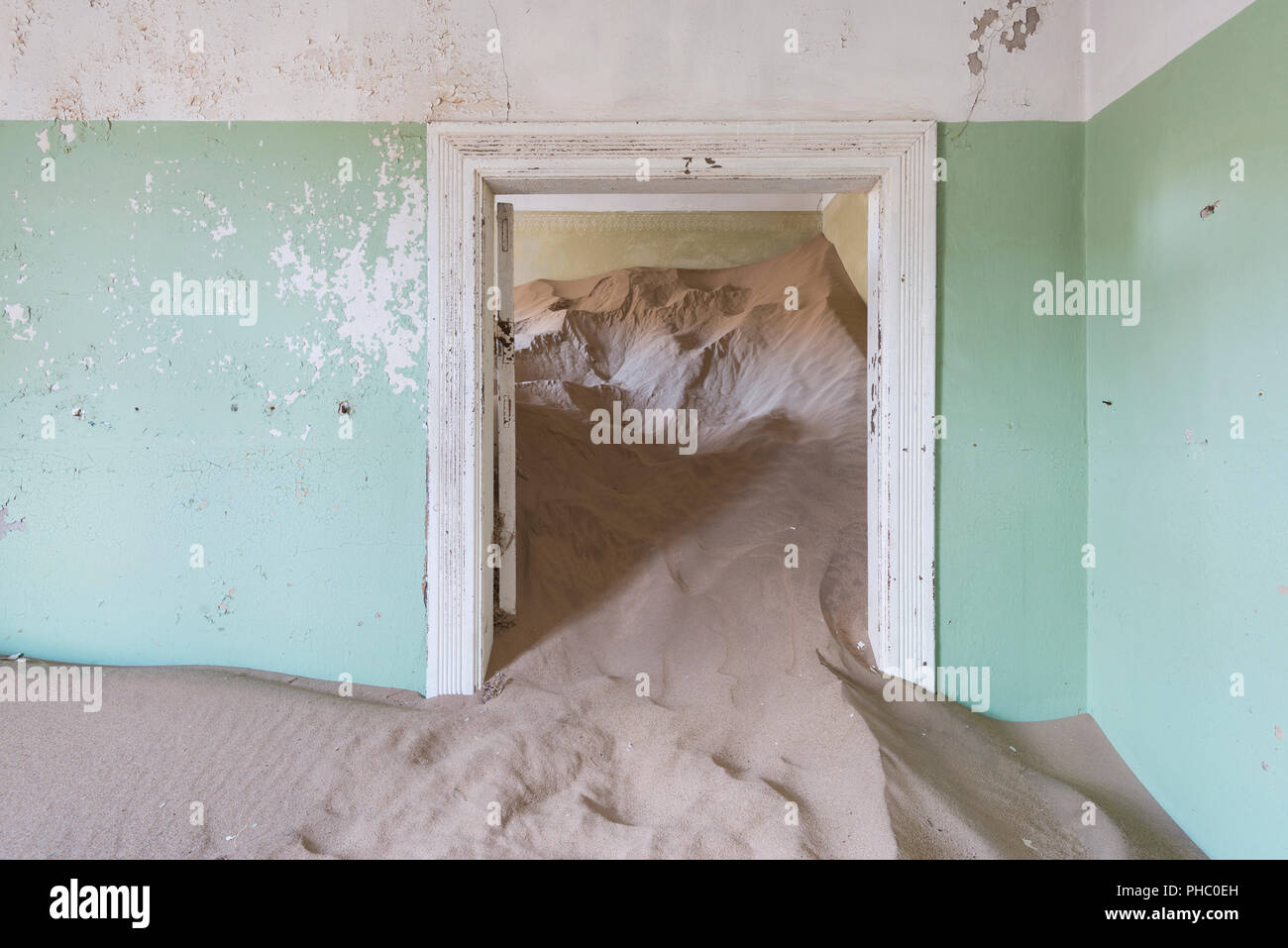 The interior of a building in the abandoned diamond mining ghost town of Kolmanskop, Namibia, Africa Stock Photo