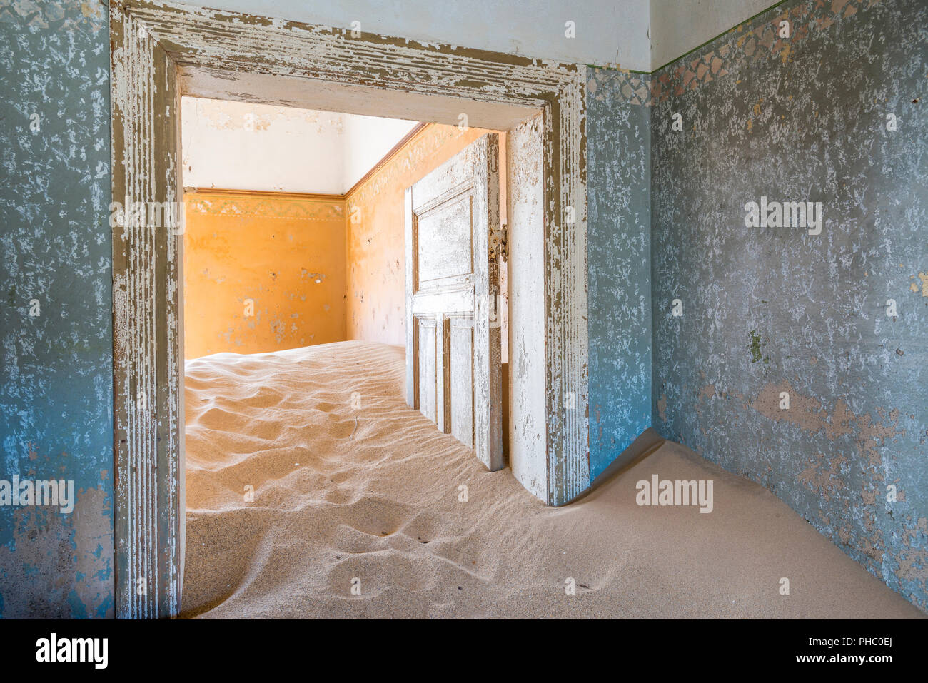 The interior of a building in the abandoned diamond mining ghost town of Kolmanskop, Namibia, Africa Stock Photo